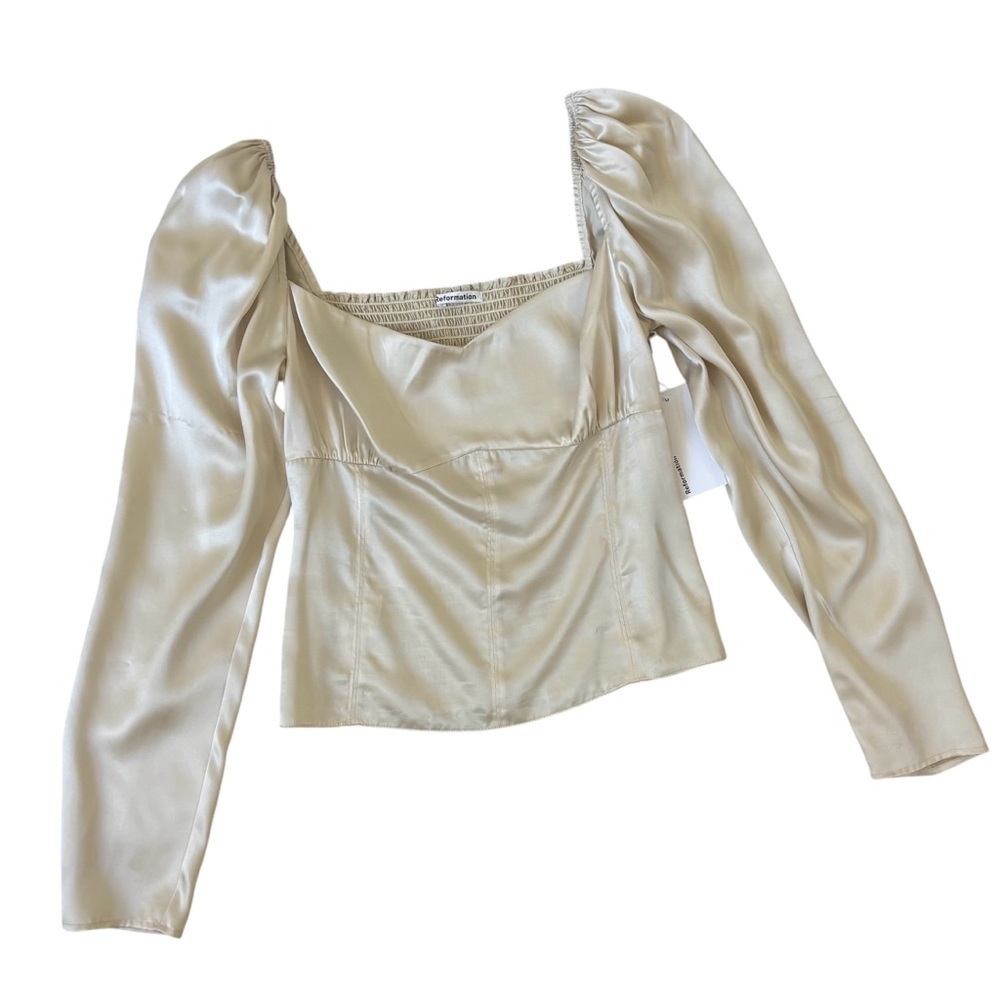 NEW Reformation Roe Shirred Silk-Satin Top